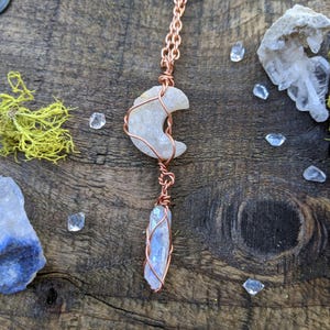 Druzy crescent moon and opal aura quartz crystal, angel aura quartz crystal and druzy moon agate necklace, moon pendant, moon necklace, raw