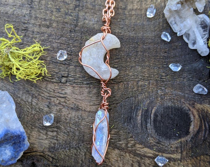 Druzy crescent moon and opal aura quartz crystal, angel aura quartz crystal and druzy moon agate necklace, moon pendant, moon necklace, raw