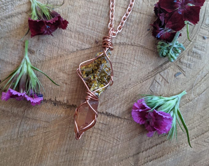 Bismuth and tangerine quartz crystal pendant, natural high quality bismuth crystal pendant, raw rough tangerine quartz pendant, yellow bismu