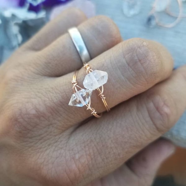 Raw small Herkimer diamond Crystal ring- made to order sterling silver or bronze wire your choose the size very nice quality Natural clear