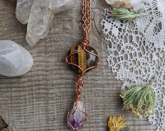 tigers eye heart and amethyst crystal pendant, tigerseye amethyst pendant, tiger eyes pendant, raw amethyst pendant, heart pendant, heart