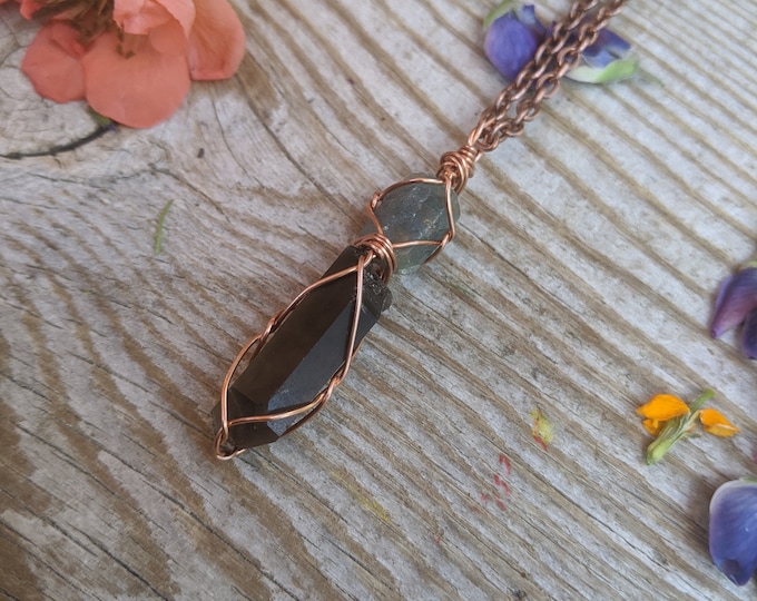 Blue sapphire and smokey quartz crystal pendant, yellow blue sapphire pendant, smokey quartz pendant, smokey quartz necklace, high quality