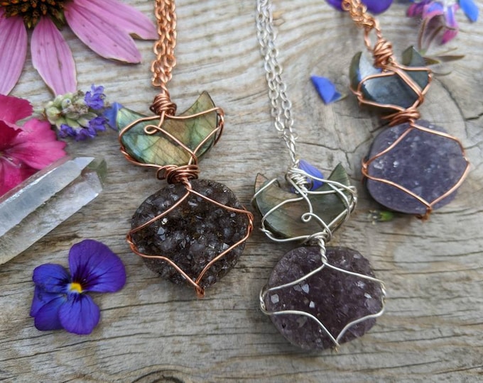labradorite crescent moon above amethyst whole moon cluster, amethyst pendant, rainbow labradorite pendant, natural crystal pendant, amethys