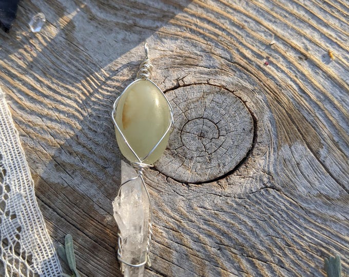 Pistachio calcite and quartz crystal pendant, clear quartz pendant, green calcite pendant, calcite necklace, quartz necklace, silver quartz