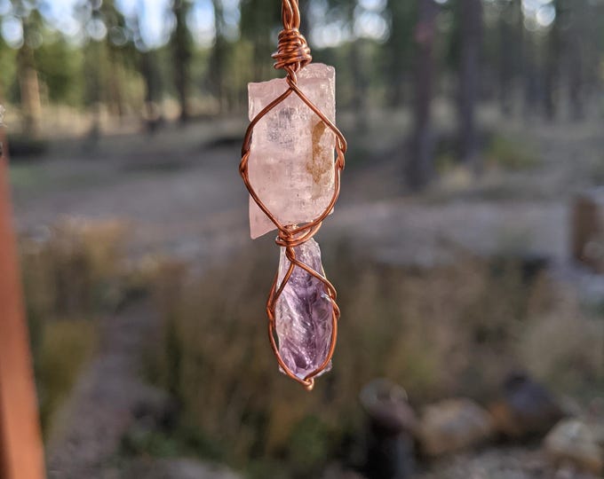 Pink Kunzite, Purple Amethyst Pendant in Solid Copper