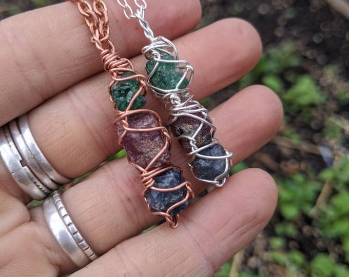 emerald ruby sapphire crystal pendant, raw emerald pendant, raw ruby pendant, raw sapphire pendant, raw crystal pendant, crystal necklace