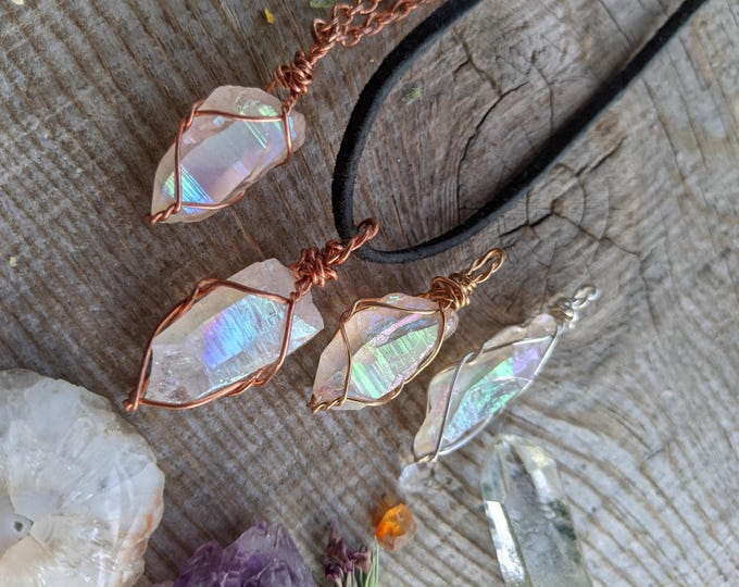 Angel Aura quartz crystal point pendant, opal aura quartz necklace, opal aura quartz necklace, angel aura rainbow necklace, natural high qua