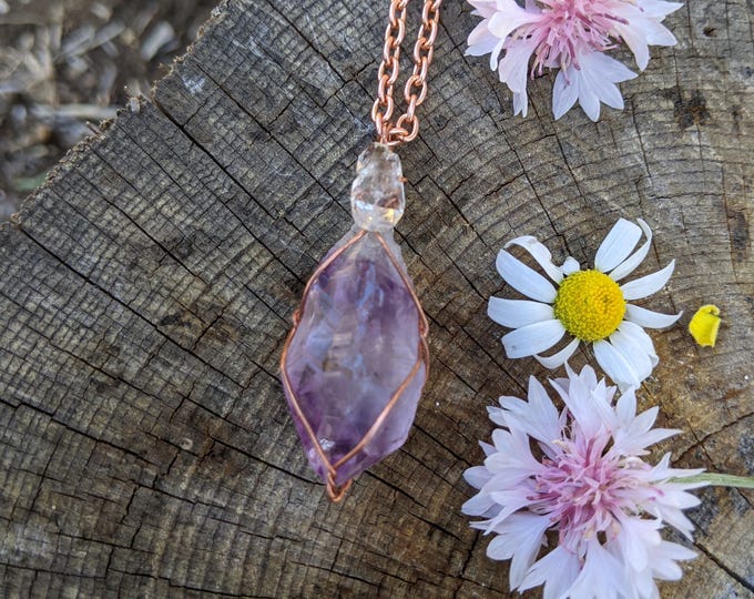 Raw rough Amethyst and herkimer diamond pendant, carbon herkimer diamond pendant, natural raw amethyst crystal necklace, amethyst pendant