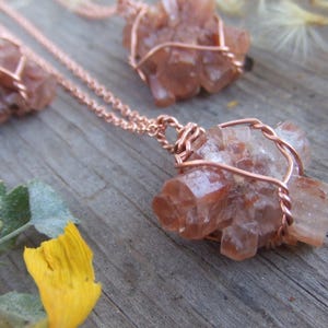 raw rough natural aragonite star crystal wire wrapped in pure copper pendant necklace with adjustable leather chord or copper chain