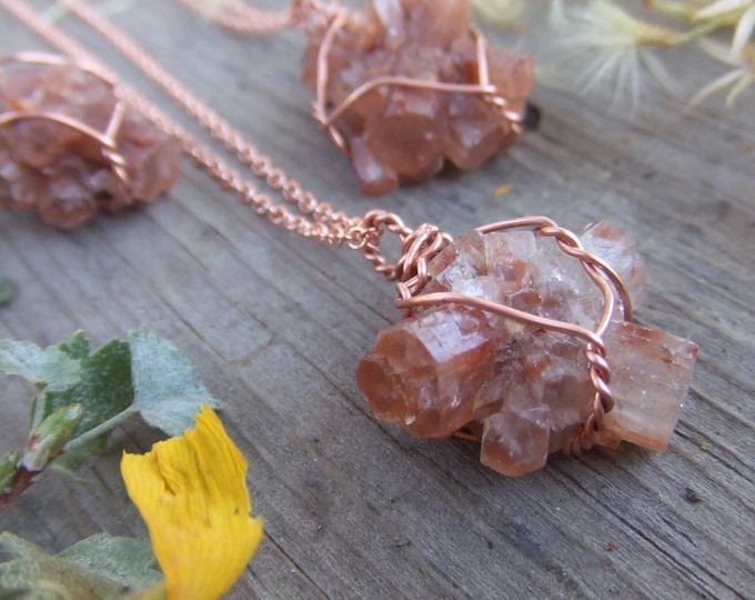 raw rough natural aragonite star crystal wire wrapped in pure copper pendant necklace with adjustable leather chord or copper chain