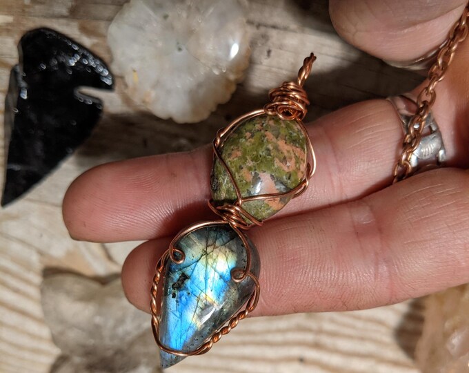 Unikite and labradorite pendant, natural labradorite crystal necklace, rainbow labradorite necklace, high quality unikite pendant, crystal