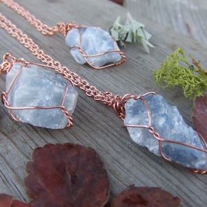 raw rough natural Medium blue calcite crystal wire wrapped pendant necklace with adjustable leather chord or copper chain silver or copper