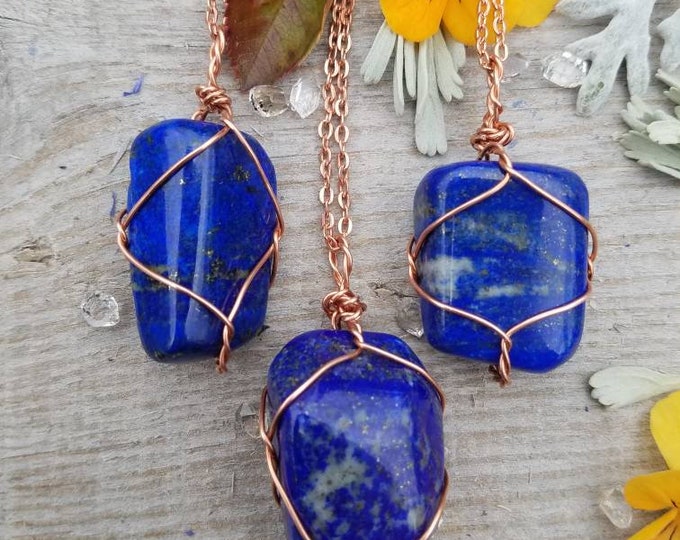 raw rough natural medium lapis lazuli crystal wire wrapped pure copper pendant necklace adjustable leather chord or copper chain dark blue
