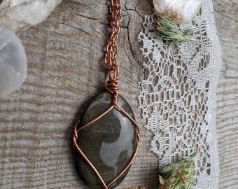 large sheen obsidian crystal pendant, golden sheen obsidian necklace, sheen obsidian crystal, crystal pendant in solid copper, natural cryst