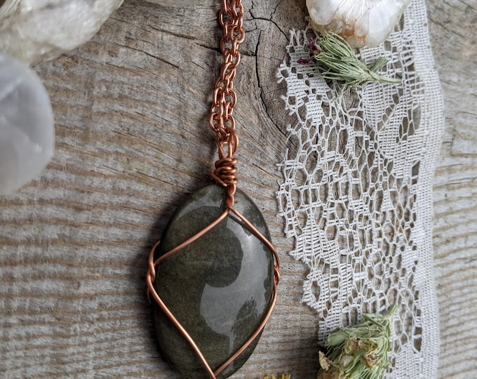 large sheen obsidian crystal pendant, golden sheen obsidian necklace, sheen obsidian crystal, crystal pendant in solid copper, natural cryst