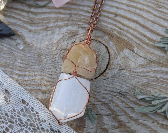 Golden rutile quartz and selenite crystal pendant, raw rutile pendant, raw rutile quartz necklace, polished selenite point, natural selenite