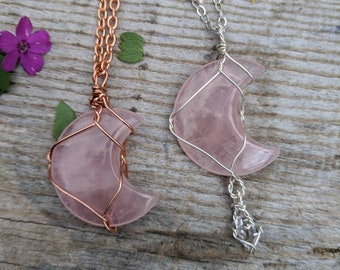 Rose quartz moon pendant, rose quartz necklace, rose quartz and herkimer moon pendant, herkimer diamond pendant, rose quartz necklace, moon