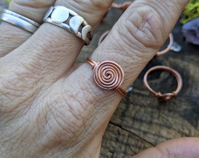 solid copper swirl ring, solid copper ring, raw copper swirl ring