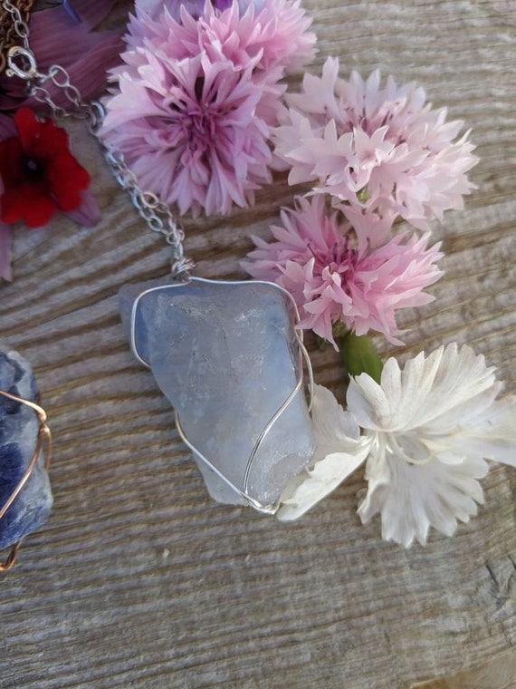 Blue Quartz Pendant, Raw Natural Rough Blue Quartz Necklace