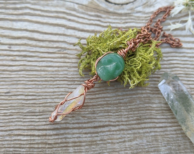 green aventurine skull and angel aura quartz pendant, green aventurine pendant, skull pendant, angel aura pendant, opal aura pendant, natura