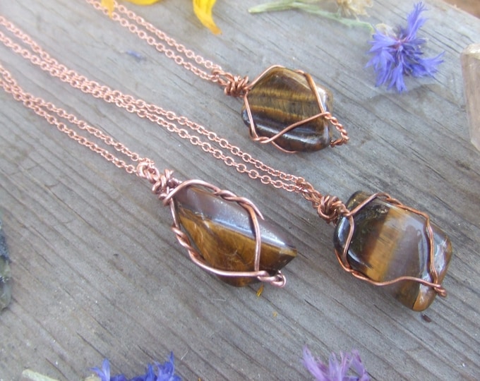 Golden Tigerseye crystal raw natural wire wrapped in pure copper pendant necklace with adjustable leather chord or copper chain