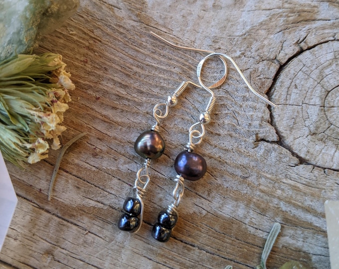 Black Pearl and hematite Sterling Silver crystal earrings (.925)