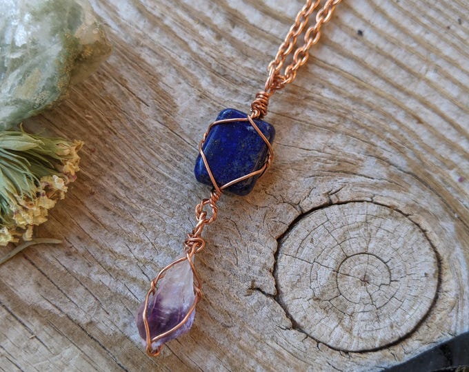 lapis lazuli and amethyst crystal pendant, natural lapis lazuli pendant, raw rough amethyst crystal pendant, amethyst point pendant, natural