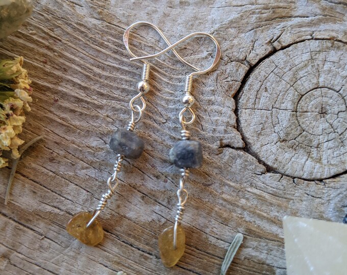 Sterling Sapphire and yellow tourmaline crystal earrings (.925)