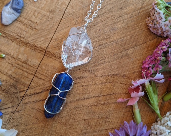 Clear quartz and lapis lazuli crystal pendant in fine silver, natural clear raw rough quartz pendant, blue lapis lazuli pendant, lapis neckl