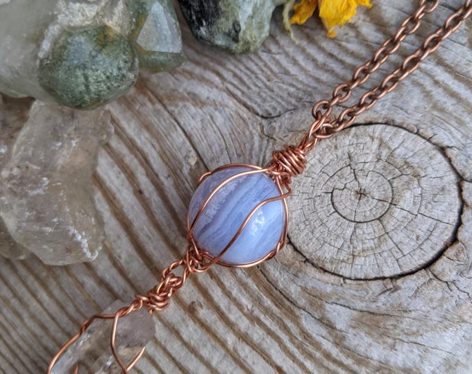 blue lace agate crystal sphere pendant with quartz point below, solid copper selenite pendant, copper blue lace agate pendant, chalcedony
