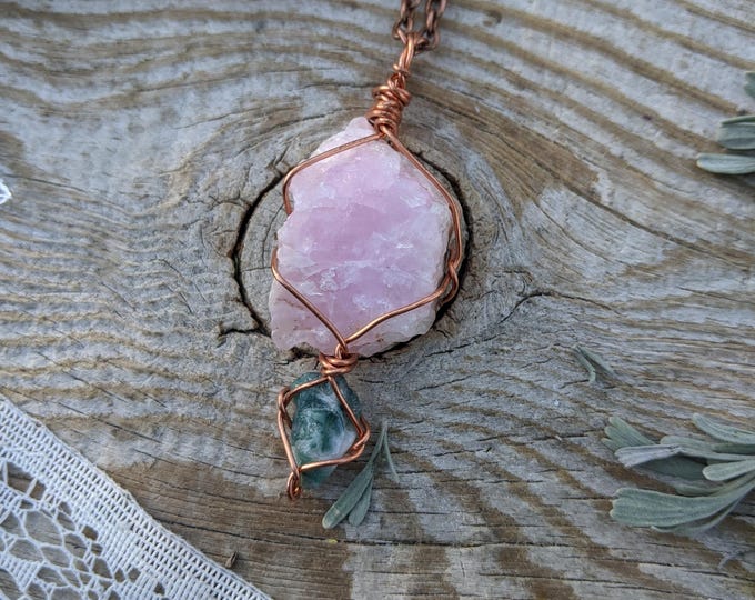 Raw pink aragonite and moss agate crystal pendant, raw pink aragonite crystal, natural moss agate crystal, moss agate necklace, aragonite pe