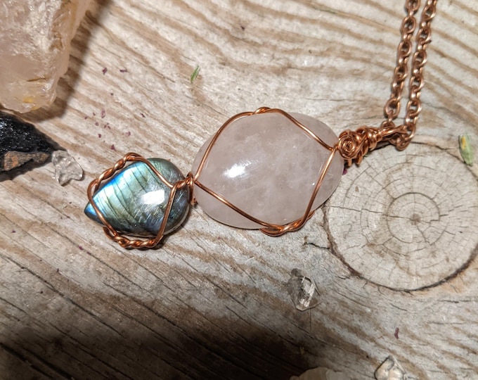 Rose quartz and labradorite crystal pendant, natural rose quartz pendant, rose quartz necklace, labradorite pendant, labradorite necklace