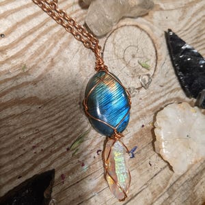 rainbow labradorite and opal aura quartz crystal pendant, natural blue labradorite crystal necklace, angel aura pendant, opal aura pendant