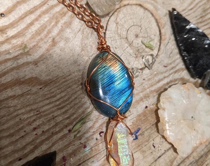 rainbow labradorite and opal aura quartz crystal pendant, natural blue labradorite crystal necklace, angel aura pendant, opal aura pendant