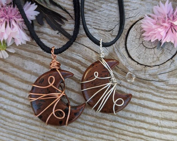 Mahogany Obsidian crescent moon pendant, mahogany obsidian pendant, mahogany obsidian, red obsidian necklace, crescent moon pendant, moon je