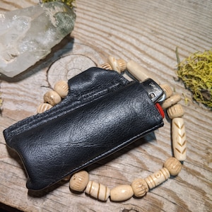 Leather lighter holder case leash handmade, black leather, all natural raw and recycled material, lighter holder, lighter case, bone beads