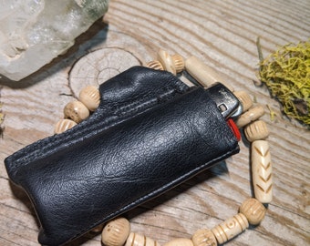 Leather lighter holder case leash handmade, black leather, all natural raw and recycled material, lighter holder, lighter case, bone beads