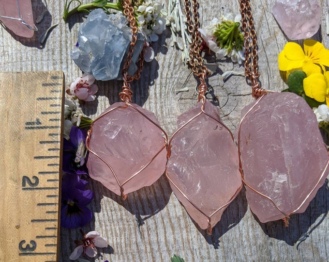 XL Raw natural rose quartz crystal wire wrapped pendant, raw rose quartz necklace, pink quartz pendant, pink quartz crystal, high quality