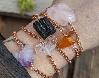 Natural crystal bracelets, dainty crystal bracelet, solid copper chain bracelet, amethyst bracelet, rose quartz bracelet, herkimer diamond b