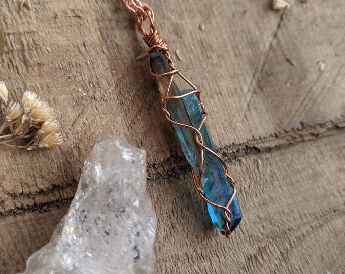Aqua aura quartz and smoky quartz crystal pendant, natural high quality aqua aura crystal pendant, smoky quartz pendant, natural raw quartz
