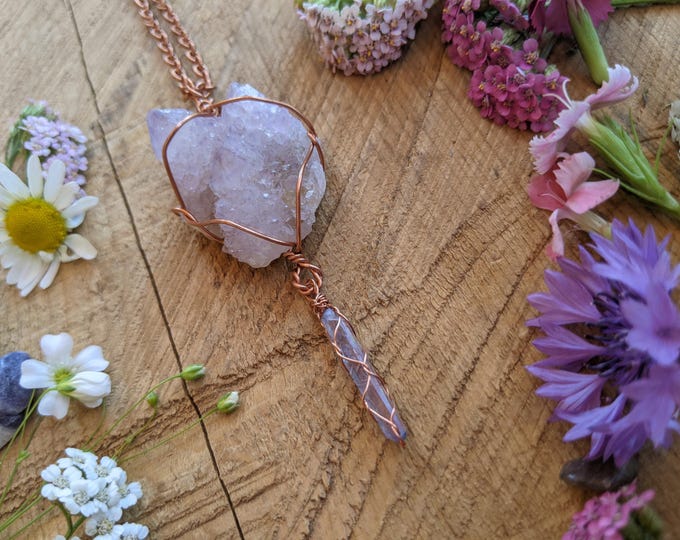 spirit amethyst and tanzanite aura quartz crystal point, natural spirit aura quartz cluster, tanzan aura quartz point, cactus quartz pendant