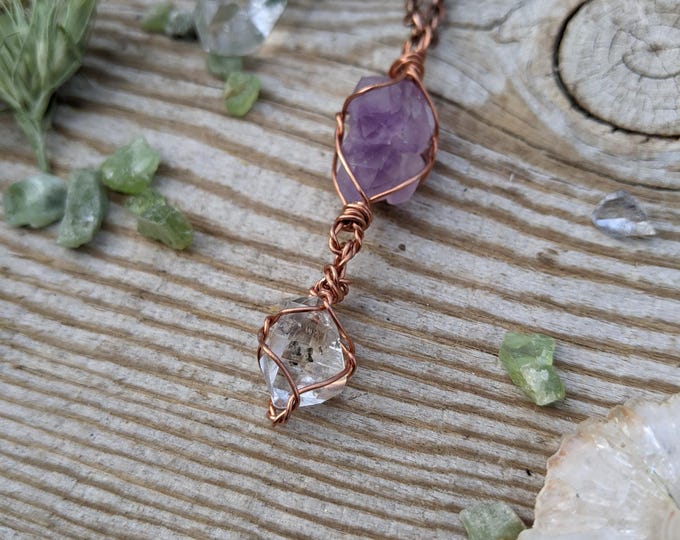 Skeletal amethyst and large herkimer diamond pendant, copper amethyst pendant, copper herkimer diamond pendant, natural raw rough herkimer d