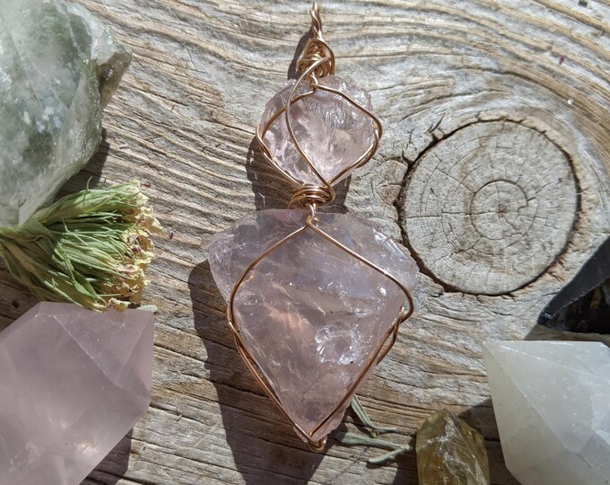 Double rose quartz crystal pendant, bronze rose quartz pendant, rose quartz necklace, bronze gold rose quartz pendant, raw rough rose quartz