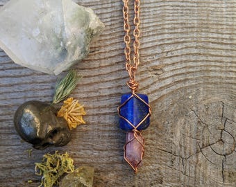 Lapis Lazuli and rose aura quartz crystal pendant, natural lapis lazuli pendant, rose aura rainbow quartz pendant, aura quartz necklace