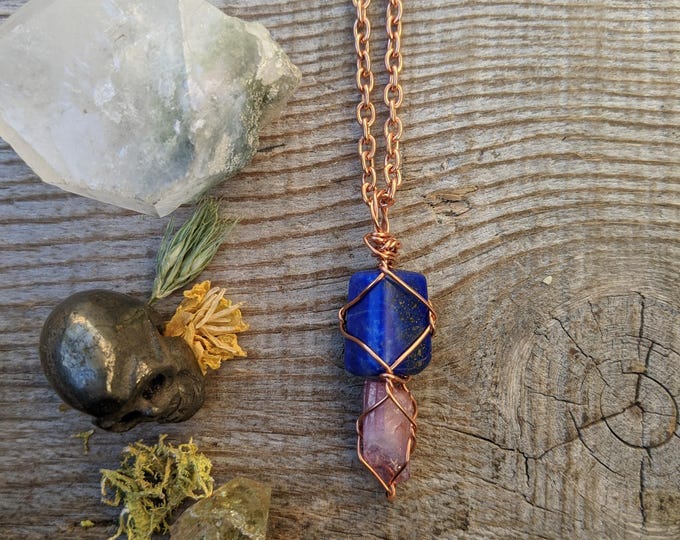 Lapis Lazuli and rose aura quartz crystal pendant, natural lapis lazuli pendant, rose aura rainbow quartz pendant, aura quartz necklace