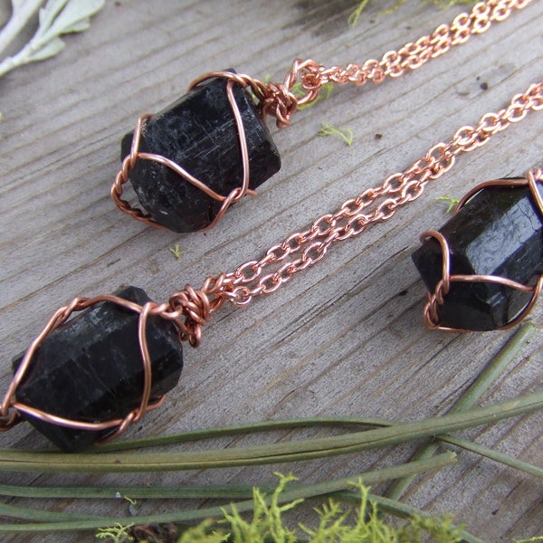 raw rough natural black tourmaline crystal wire wrapped in pure copper pendant necklace with adjustable leather chord or copper chain smooth