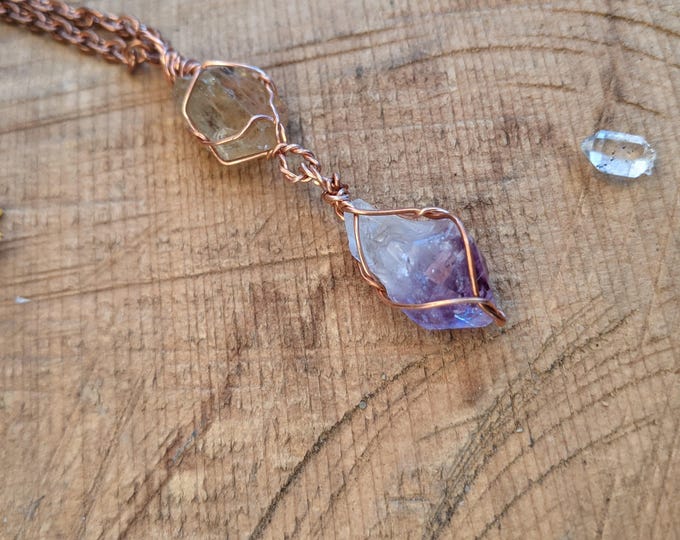 Golden apatite and amethyst crystal pendant, natural gold apatite necklace, natural raw apatite pendant, amethyst pendant, amethyst necklace