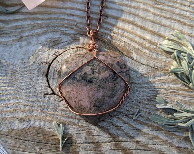 Rhodonite Crystal Pendant in pure copper, rhodonite pendant, rhodonite necklace, natural rhodonite, copper rhodonite wire wrap