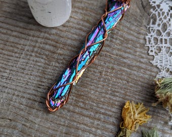 Long skinny faden aura quartz crystal pendant in solid copper, titanium aura quartz crystal, bonded quartz with titanium! quartz crystal pen