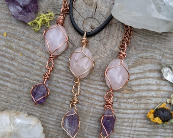 Rose quartz and amethyst pendant, polished rose quartz pendant, raw amethyst necklace, mini amethyst pendant, rose quartz necklace crystal c